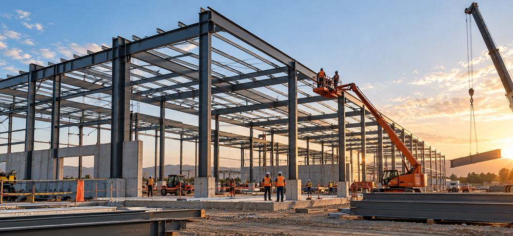 Estructura metálica personalizada en proceso de montaje con vigas de acero y maquinaria de construcción