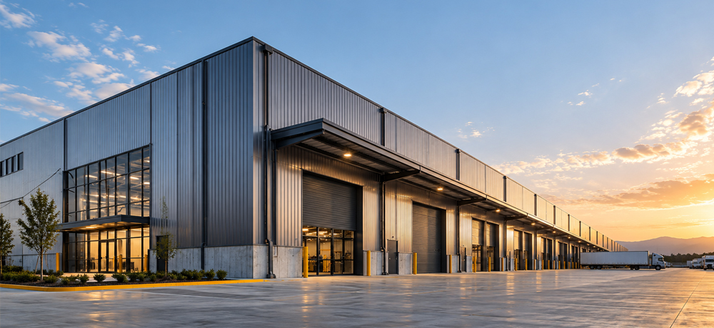 Nave industrial metálica de gran escala con múltiples accesos para operaciones logísticas