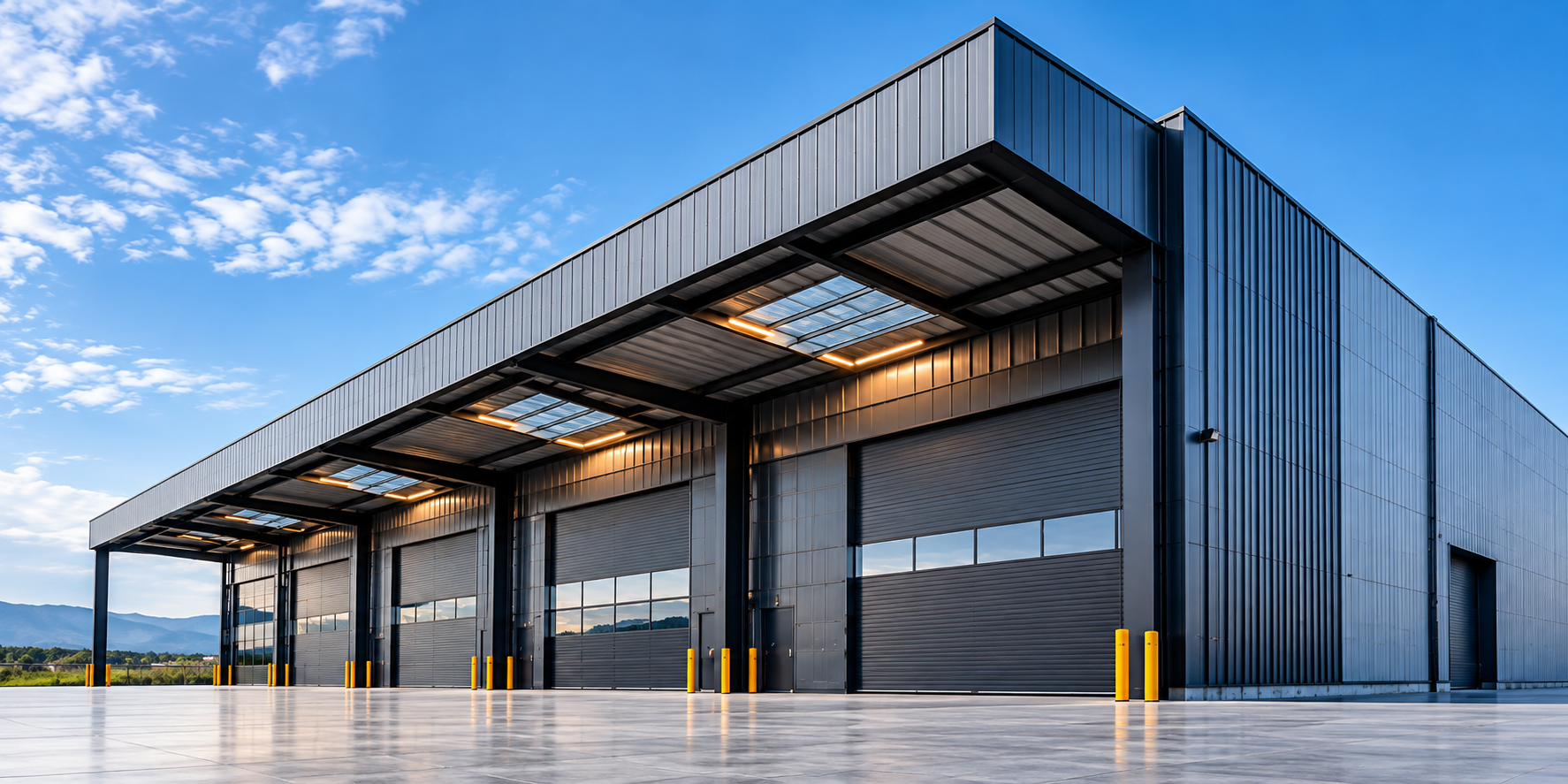 Nave industrial metálica moderna con amplios accesos y estructura prefabricada