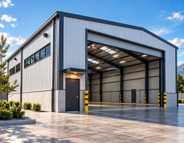 Bodega prefabricada de 140 m² con fachada blanca, estructura metálica y amplio acceso frontal