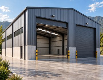 Nave industrial prefabricada de 218 m² con estructura metálica gris, amplio acceso frontal e iluminación interior