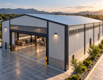 Nave industrial prefabricada de 300 m² con estructura metálica gris, vista aérea y amplio espacio de almacenamiento