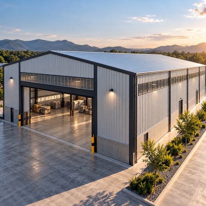 Nave industrial prefabricada de 300 m² con estructura metálica gris, vista aérea y amplio espacio de almacenamiento