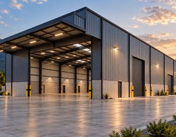 Nave industrial prefabricada de 400 m² con estructura metálica gris, amplio acceso frontal y portones laterales