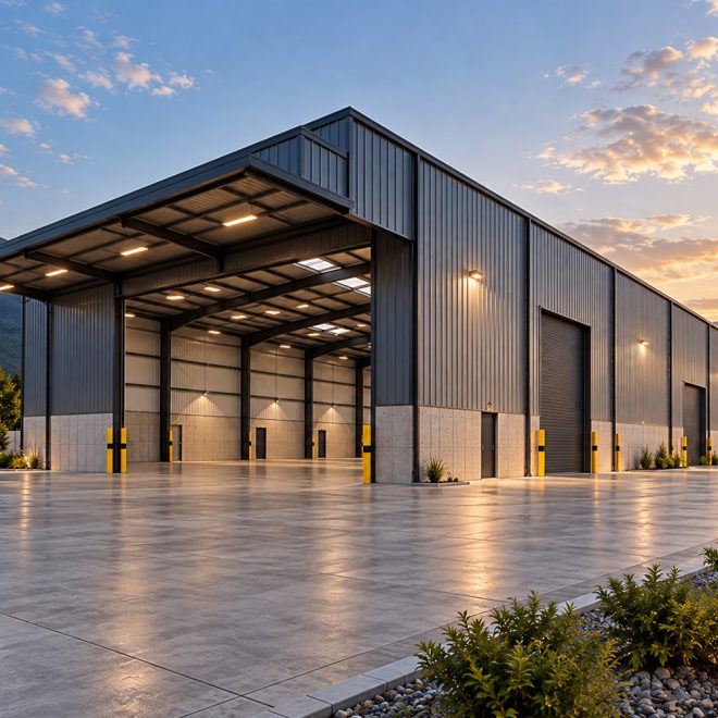 Nave industrial prefabricada de 400 m² con estructura metálica gris, amplio acceso frontal y portones laterales